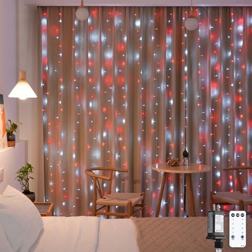 300LED Red and White Christmas Curtain Lights for Bedroom, Plug in