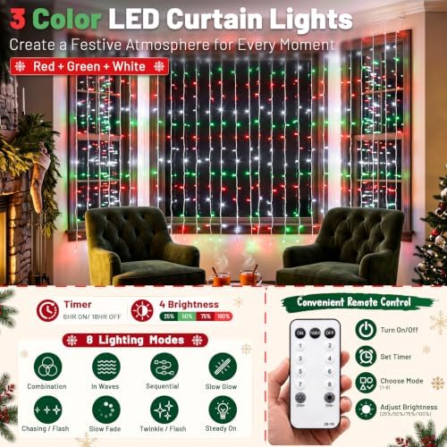 300LED Red White and Green Christmas Curtain Lights in Red White and Green, alternate view 3