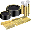 300PCS Plastic Dinnerware Set, Black Gold Disposable Plates in Black