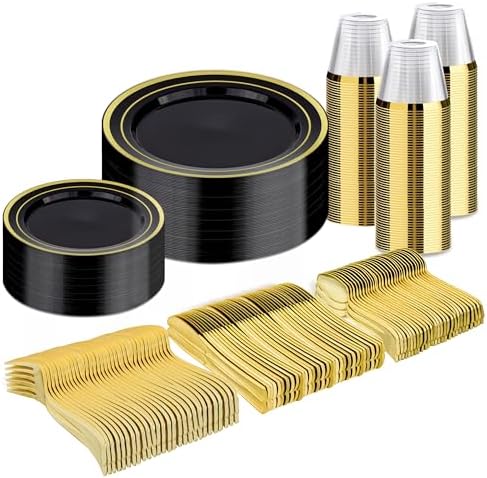 300PCS Plastic Dinnerware Set, Black Gold Disposable Plates in Black