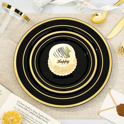300PCS Plastic Dinnerware Set, Black Gold Disposable Plates in Black, alternate view 2