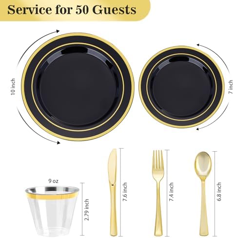 300PCS Plastic Dinnerware Set, Black Gold Disposable Plates in Black, alternate view 3