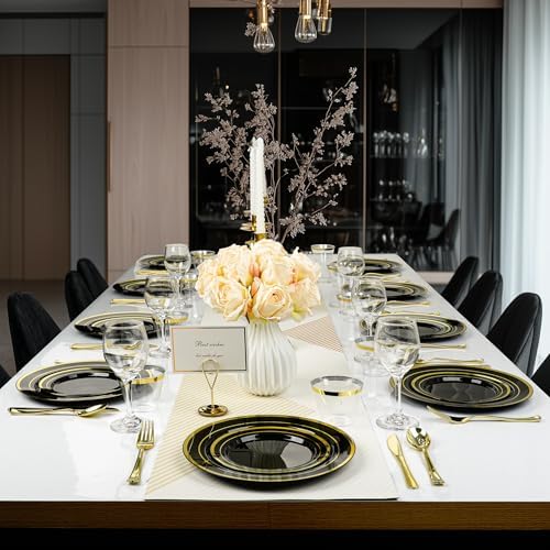 300PCS Plastic Dinnerware Set, Black Gold Disposable Plates in Black, alternate view 6
