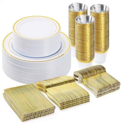 300PCS Plastic Dinnerware Set, Gold Disposable Plates in Gold