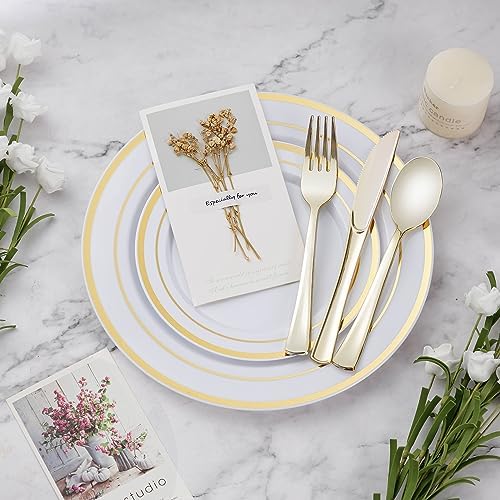 300PCS Plastic Dinnerware Set, Gold Disposable Plates in Gold, alternate view 2