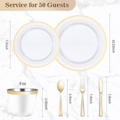300PCS Plastic Dinnerware Set, Gold Disposable Plates in Gold, alternate view 3