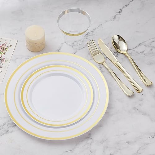300PCS Plastic Dinnerware Set, Gold Disposable Plates in Gold, alternate view 5