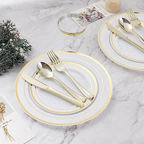 300PCS Plastic Dinnerware Set, Gold Disposable Plates in Gold, alternate view 6