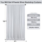 30ft×10ft Silver Grey Wrinkle Free Backdrop Curtains for Parties, 6 Panels 5×10ft Thick&Silky Polyester Silver, alternate