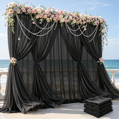 30ft×10ft Wrinkle Free Black Backdrop Curtain Drapes, 6 Panels 5ftx10ft Sheer Tulle Chiffon Backdrop Panels