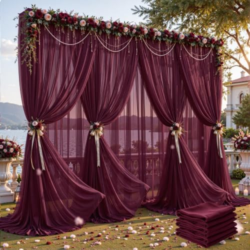 30ft×10ft Wrinkle Free Burgundy Backdrop Curtain Drapes, 6 Panels 5ftx10ft Sheer Tulle Chiffon Backdrop Panels