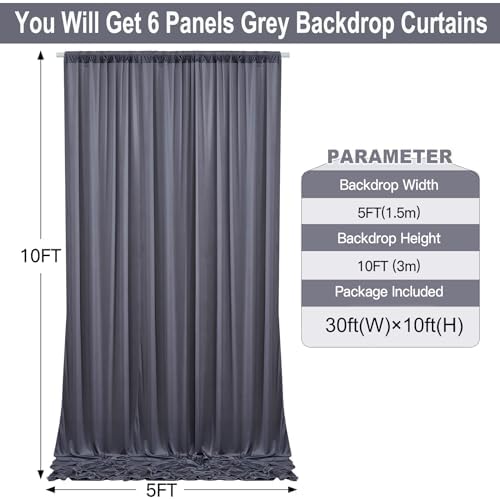 30ft×10ft Wrinkle Free Grey Backdrop Curtains for Parties, 6 Panels 5×10ft Soft Silky Polyester Charcoal Photo, alternate