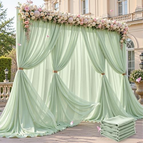 30ft×10ft Wrinkle Free Sage Green Backdrop Curtain Drapes, 6 Panels 5ftx10ft Sheer Tulle Chiffon Backdrop Panels