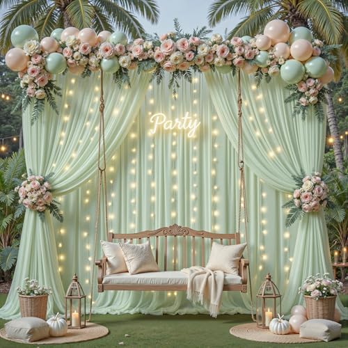 30ft×10ft Wrinkle Free Sage Green Backdrop Curtain Drapes, 6 Panels 5ftx10ft Sheer Tulle Chiffon Backdrop Panels, alternate