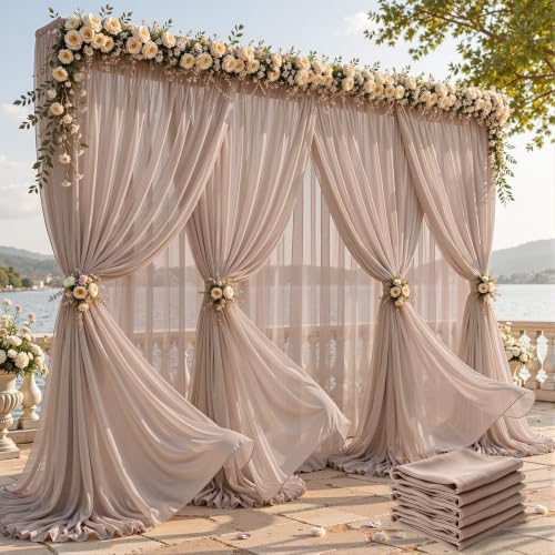 30ft×10ft Wrinkle Free Taupe Backdrop Curtain Drapes, 6 Panels 5ftx10ft Sheer Tulle Chiffon Backdrop Panels