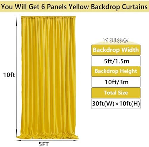30ft×10ft Yellow Wrinkle Free Backdrop Curtain for Party Wedding, 6 Panels 5×10ft Soft Silky Polyester Photo, alternate view