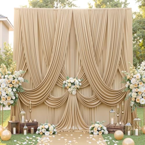 30ft×12ft Wrinkle Free Champagne Backdrop Curtain for Wedding Parties, 6 Panels 5×12ft Long Silky Polyester