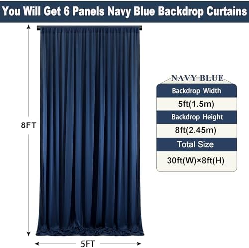 30ft×8ft Wrinkle Free Navy Blue Backdrop Curtains for Parties, 6 Panels 5ft×8ft Thick&Silky Polyester Navy Photo, alternate