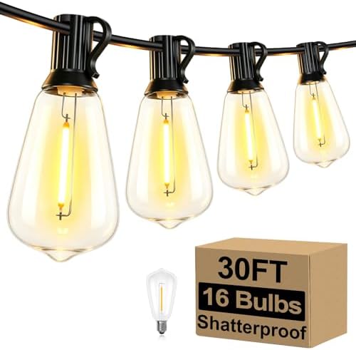 30FT Outdoor String Lights 16 Bulbs, Waterproof Patio Lights
