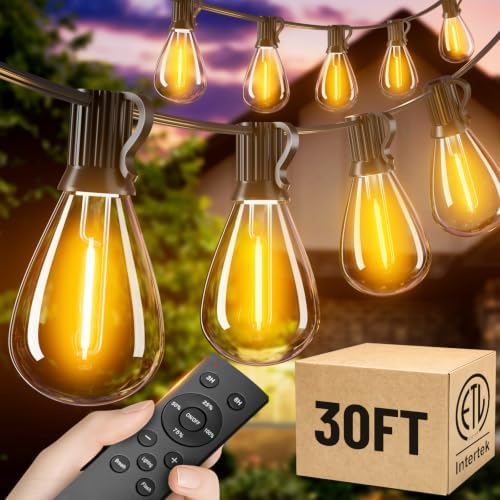 30FT Outdoor String Lights with Remote, Waterproof Patio Lights with 10+1 Shatterproof LED Bulbs, Dimmable