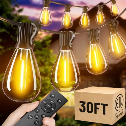 30FT Outdoor String Lights with Remote, Waterproof Patio Lights with 10+1 Shatterproof LED Bulbs, Dimmable