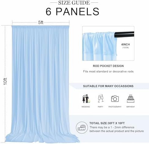 30ft x 10ft Baby Blue Backdrop Curtains for Parties, 6 Panels 5ft x 10ft Wrinkle-Free Light Blue Drapes for Baby, alternate