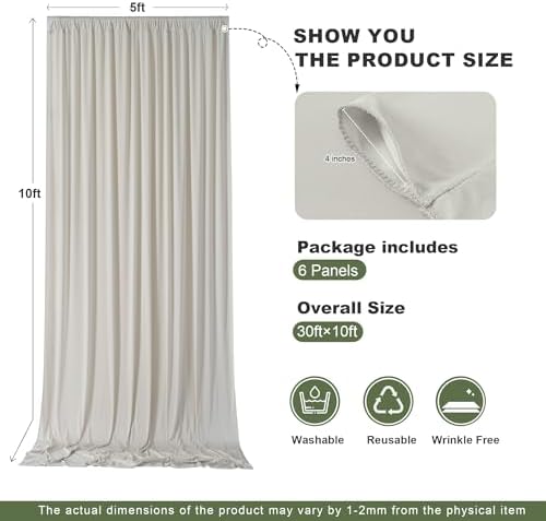 30ft x 10ft Beige Backdrop Drapes for Wedding Parties, 6 Panels Wrinkle-Free Polyester Fabric Background, alternate view 4