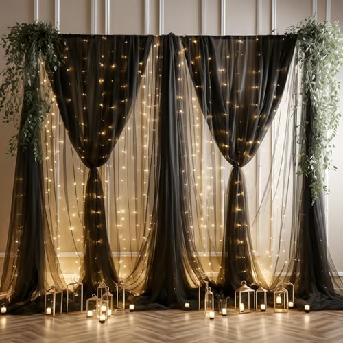 30ft x 10ft Black Backdrop Curtain with Lights String for Parties, Sheer Tulle Wedding Photo Backdrops Drapes