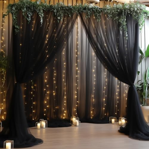30ft x 10ft Black Backdrop Curtain with Lights String for Parties, Sheer Tulle Wedding Photo Backdrops Drapes, alternate view