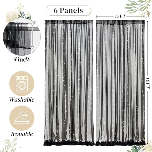 30ft x 10ft Black Backdrop Curtain with Lights String for Parties, Sheer Tulle Wedding Photo Backdrops Drapes, alternate view