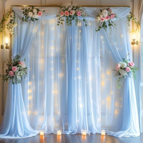 30ft x 10ft Blue Backdrop Curtain with Lights String for Parties, Sheer Tulle Wedding Photo Backdrops Drapes for, alternate