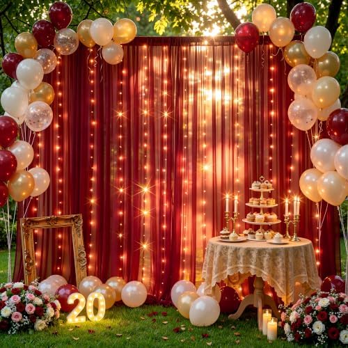 30ft x 10ft Burgundy Backdrop Curtain with Lights String for Parties, Sheer Tulle Wedding Photo Backdrops Drapes, alternate