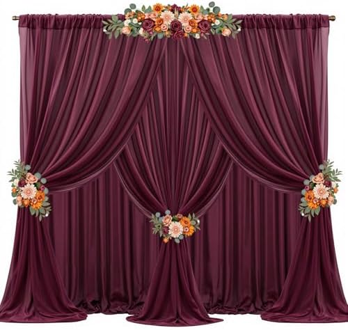 30ft x 10ft Burgundy Backdrop Curtains, Wrinkle-Free Sheer Chiffon Fabric Photo Backdrop Drapes for Wedding Arch