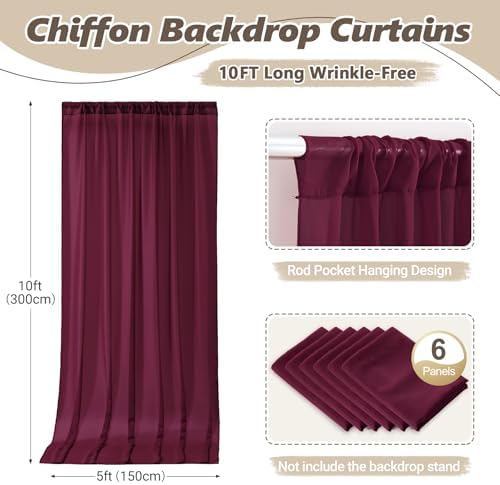30ft x 10ft Burgundy Backdrop Curtains, Wrinkle-Free Sheer Chiffon Fabric Photo Backdrop Drapes for Wedding Arch, alternate