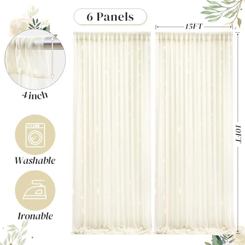 30ft x 10ft Ivory Backdrop Curtain with Lights String for Parties, Sheer Tulle Wedding Photo Backdrops Drapes, alternate view
