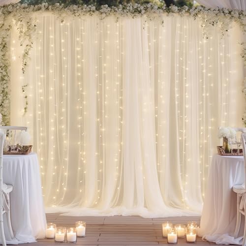 30ft x 10ft Ivory Backdrop Curtain with Lights String for Parties, Sheer Tulle Wedding Photo Backdrops Drapes, alternate view