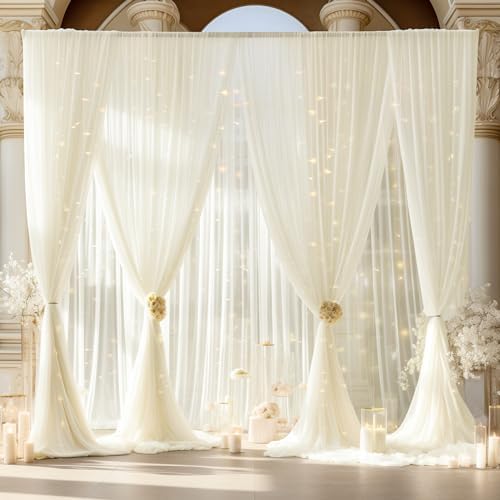 30ft x 10ft Ivory Backdrop Curtain with Lights String for Parties, Sheer Tulle Wedding Photo Backdrops Drapes, alternate view
