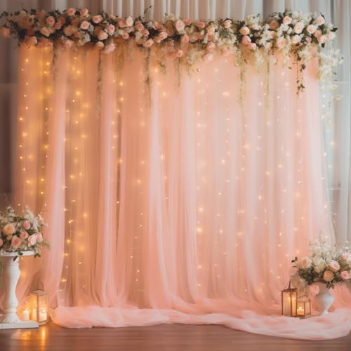 30ft x 10ft Peach Backdrop Curtain with Lights String for Parties, Sheer Tulle Wedding Photo Backdrops Drapes, alternate view