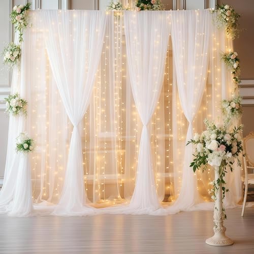 30ft x 10ft White Backdrop Curtain with Lights for Parties, Sheer Wedding Photo Backgrounds Tulle Drapes for