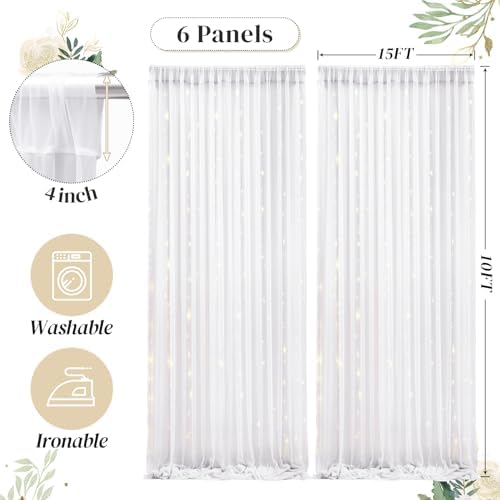 30ft x 10ft White Backdrop Curtain with Lights for Parties, Sheer Wedding Photo Backgrounds Tulle Drapes for, alternate view
