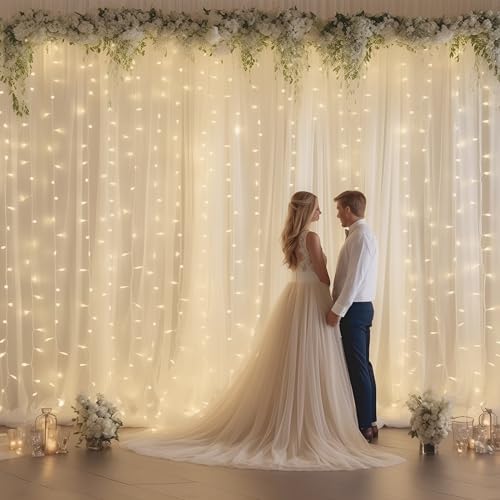 30ft x 10ft White Backdrop Curtain with Lights for Parties, Sheer Wedding Photo Backgrounds Tulle Drapes for, alternate view