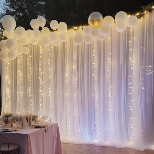 30ft x 10ft White Backdrop Curtain with Lights for Parties, Sheer Wedding Photo Backgrounds Tulle Drapes for, alternate view