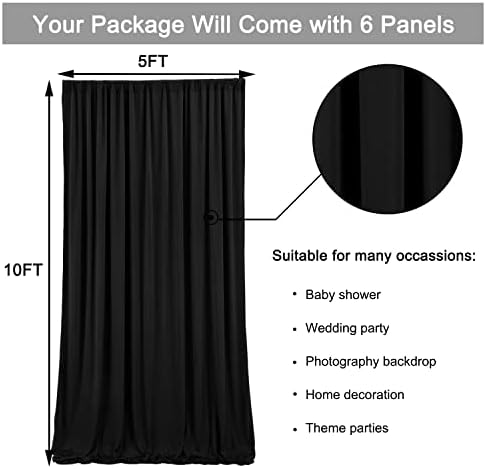 30ft x 10ft Wrinkle Free Black Backdrop Curtain for Parties, 6 Panels 5X10ft Polyester Black Photo Backdrop, alternate view 6