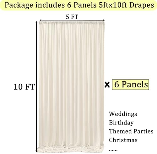30ft x 10ft Wrinkle Free Ivory Backdrop Curtains for Parties, 6 Panels 5x10ft Polyester Photo Backdrop Drapes, alternate view