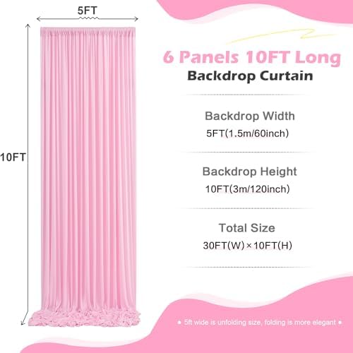 30ft x 10ft Wrinkle Free Pink Backdrop Curtain for Parties, 6 Panels 5×10ft Silky Polyester Light Pink Photo, alternate view