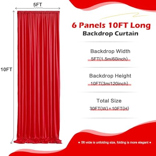 30ft x 10ft Wrinkle Free Red Backdrop Curtain for Parties, 6 Panels 5×10ft Silky Polyester Red Photo Backdrop, alternate view