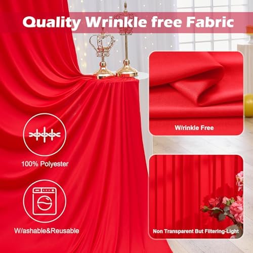 30ft x 10ft Wrinkle Free Red Backdrop Curtain for Parties, 6 Panels 5×10ft Silky Polyester Red Photo Backdrop, alternate view