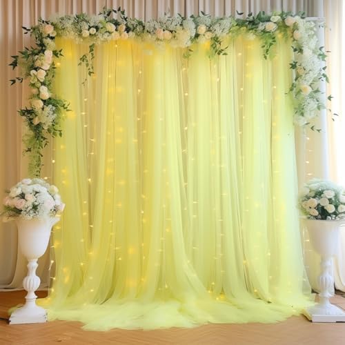 30ft x 10ft Yellow Backdrop Curtain with Lights String for Parties, Sheer Tulle Wedding Photo Backdrops Drapes