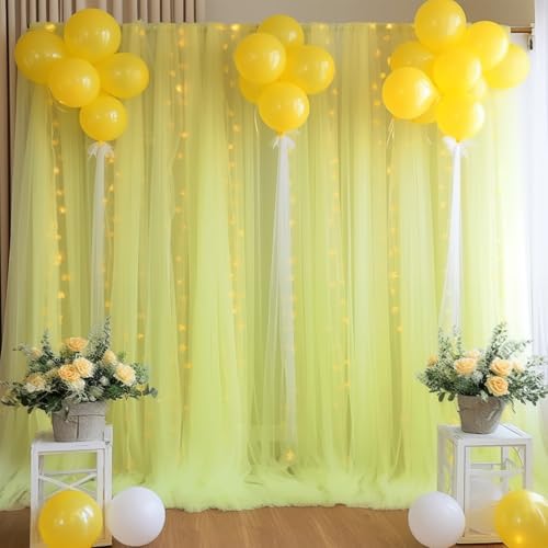 30ft x 10ft Yellow Backdrop Curtain with Lights String for Parties, Sheer Tulle Wedding Photo Backdrops Drapes, alternate