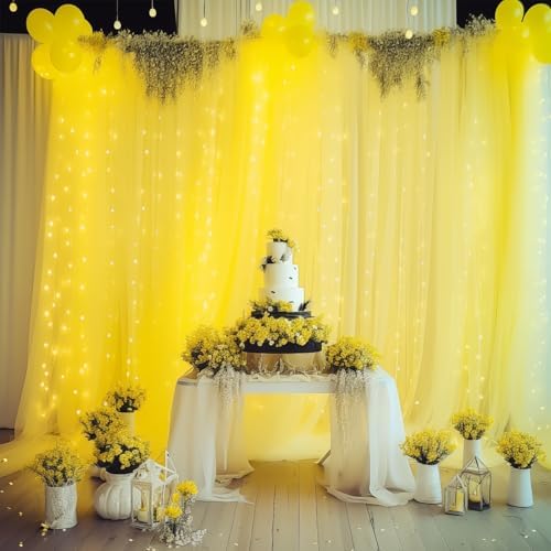 30ft x 10ft Yellow Backdrop Curtain with Lights String for Parties, Sheer Tulle Wedding Photo Backdrops Drapes, alternate